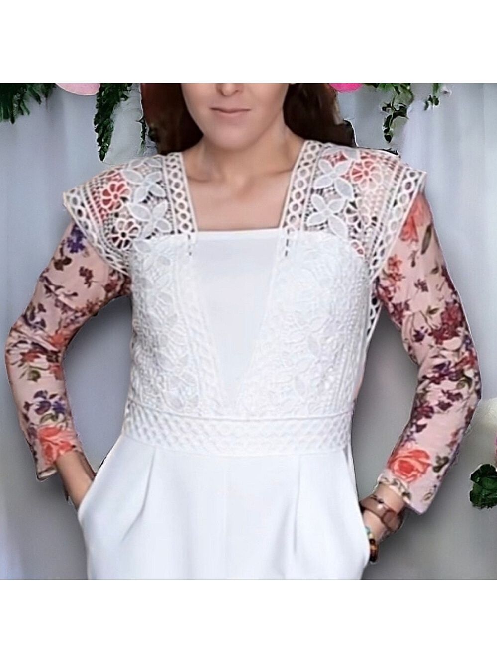 M • Suzy Shier • White Crochet Lace Detail Square Neckline Cropped Jumpsuit